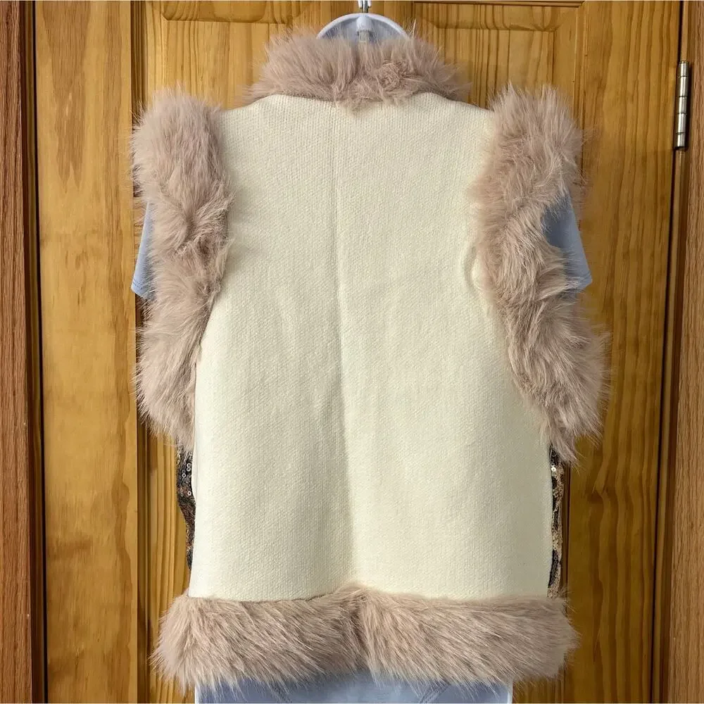 NWT, Women’s One-Size Leopard Sequin Faux Fur Trim Vest, K643 - Picture 12 of 14
